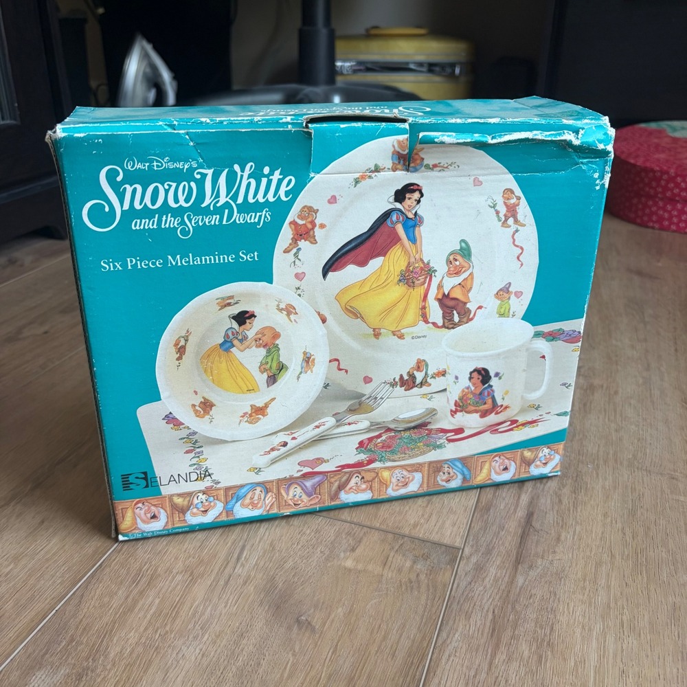 RARE Full Set Vtg Disney Snow White Seven Dwarfs 6pc Melamine Set Selandia Plate - Picture 5 of 7